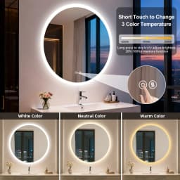 50/60/70/80CM LED Round Bathroom Mirror Anti-Fog, Dimmable, Backlit Vanity Mirror for Wall 3 Colors, Memory Function