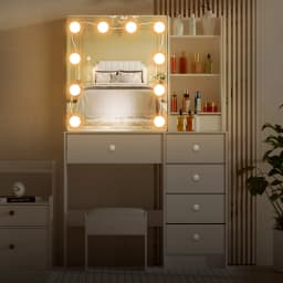 Teousev Makeup Vanity Set with Adjustable 10 LED Lighted Mirror & Stool, 6 Drawers Storage Organizer Dressing Table for Bedroom