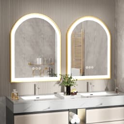 Gold LED Bathroom Mirror Large Wall Mounted Vanity Mirror 3 Colors Anti-Fog Dimmable Front Light Aluminum Frame 36x24" Arched