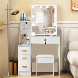 Dressing Table With Sliding Mirror And Lighting Bedroom Dressing Table LED Makeup Mirror Stool Set 10 Bulbs Vanity Desk White