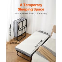SucceBuy 31/38in Rollaway Bed Portable Twin Roll Away Bed with Metal Frame & Memory Foam Mattress Multi-functional Recliner