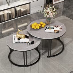 LUVODI Set of 2 Round Nesting Coffee Table White Grey Sofa Side Living Room Center Tea Desk Space-Saving