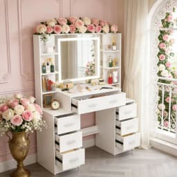 Teousev White Modern Wood Vanity Set with Touch Control Dimmable LED Lighted Mirror 7 Drawers Easy Assembly Bedroom Makeup Desk