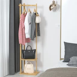 Bingopaw Coat Tree Solid Bamboo Freestanding Coat Rack with Storage Garments Corner Stand with Hooks for Home Bedroom