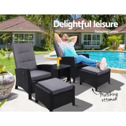 5 Piece Outdoor Wicker Recliner Chair Set with Table Adjustable Sun Lounge Black Furniture