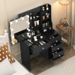 Black Vanity Desk Set With LED Lights Mirror 4 Drawers & 3 Shelfs Makeup Table