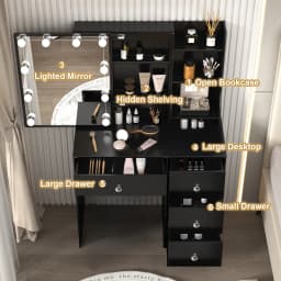 Black Vanity Desk Set With LED Lights Mirror 4 Drawers & 3 Shelfs Makeup Table