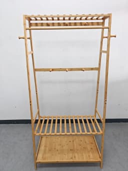 Bamboo Free Standing Clothes Rail Stand Garment Hanging Rack with Storage Shelf And 10 Hooks for Home Organization