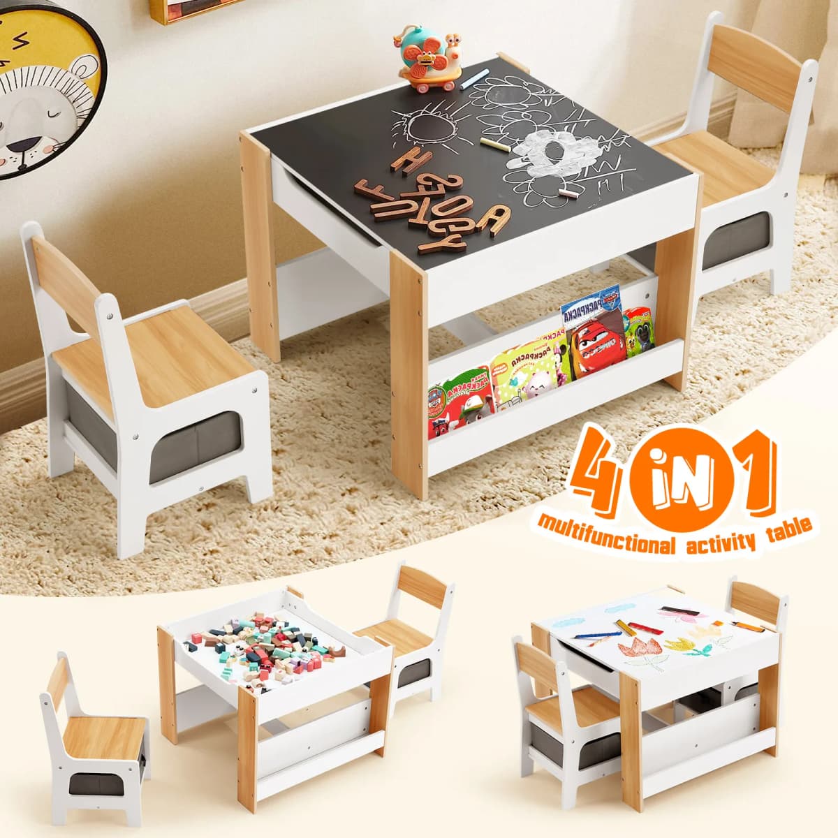 Kidbot 4 IN 1 Kids Table and Chairs Set Childrens Activity Centre Picnic Play Study Furniture Indoor Outdoor Drawing Art Gaming