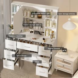 Vanity Desk Set w/ LED Lights Mirror Makeup Dressing Table and Stool 10 Shelves