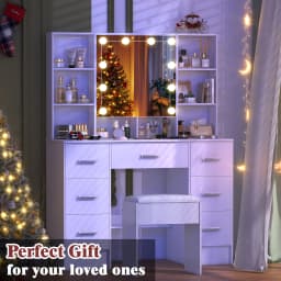Vanity Desk Set w/ LED Lights Mirror Makeup Dressing Table and Stool 10 Shelves