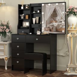 Black Modern Vanity Set with LED Sliding Mirror 6 Drawers & Stool 3 Color Dimmable Easy Assembly Sturdy Frame Makeup Desk