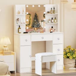 Large Dressing Table and Stool Set with LED Mirror 5 Drawers Makeup Desk Vanity