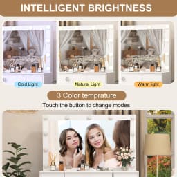 White Vanity Set with 11 Led Bulbs Lighted Mirror for Women, 6 Drawers, 3 Color Dimmable, Easy Assembly Bedroom Furniture