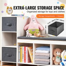 SucceBuy Kids Reading Bookcase Nook Bench 6-Cubby Storage Organizer w/ 3 Drawers for Playroom Bedroom Living Room or Entryway