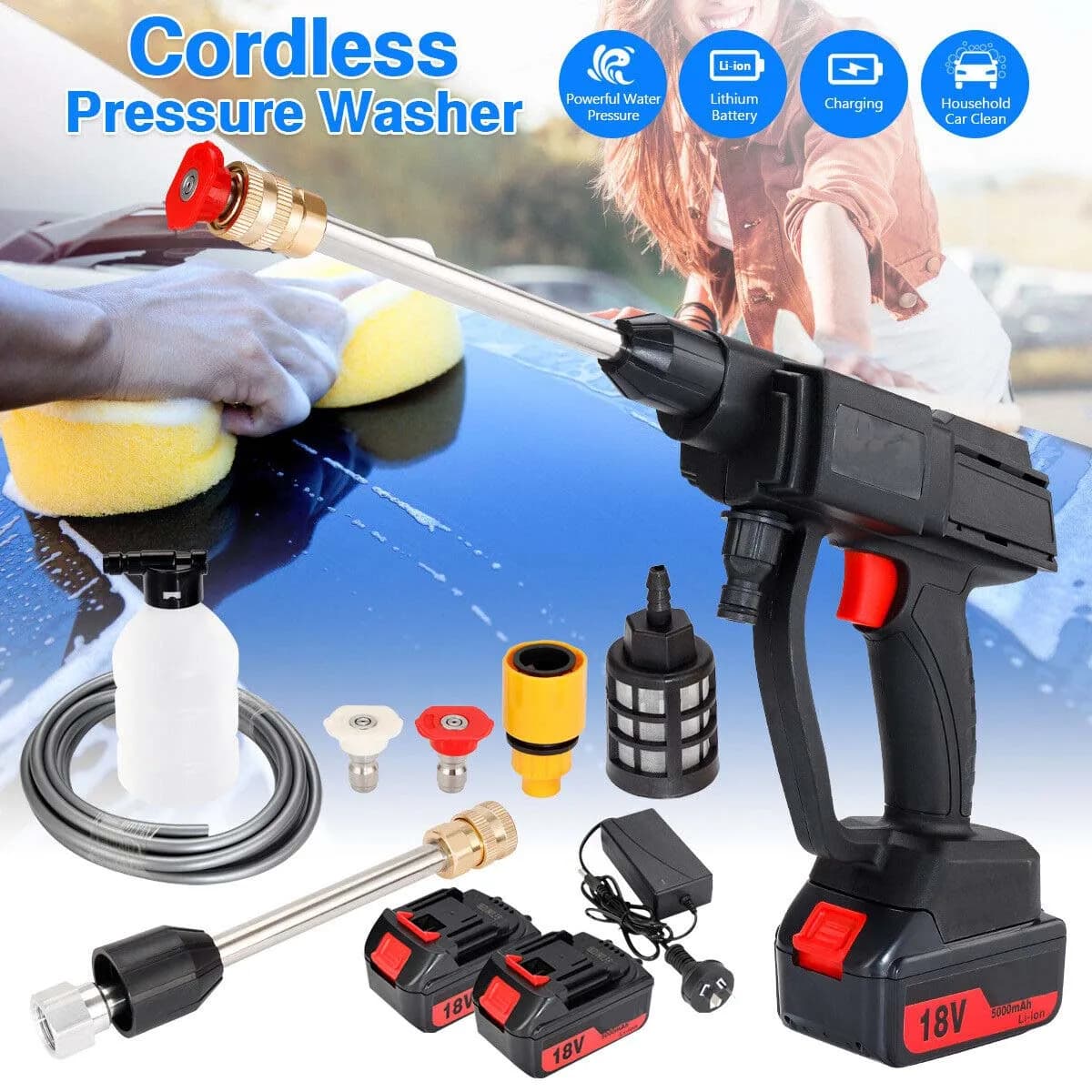 Cordless High Pressure Car Washer Water Gun Electric Spray Cleaner Foam Machine with 2 Battery