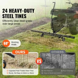SucceBuy Tow Behind Dethatcher 60 in Tow Dethatcher with 24 Steel Tines Lawn Dethatcher Rake for ATV/Mower Tow Behind Lawn Rake