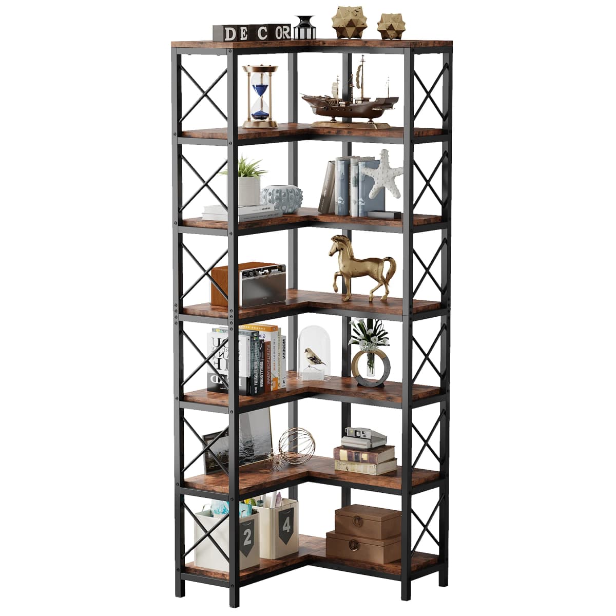 Tribesigns 7-Tier Tall Corner Shelf Large Modern Corner Bookcase, 7-Tier Tall Corner Shelf Storage Display Rack with Metal Frame
