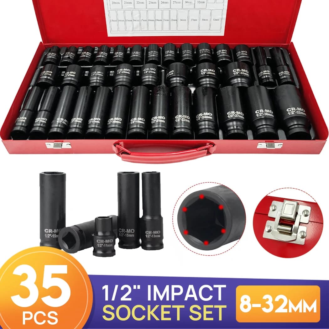 21/35PCS Metric 1/2" Drive Deep Impact Sockets Tools 8-36MM Garage Workshop Set