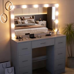 Vanity Dressing Table Set, 3 Color Dimmable 11 LED Lights Mirror, Storage Drawer Bedroom Furniture