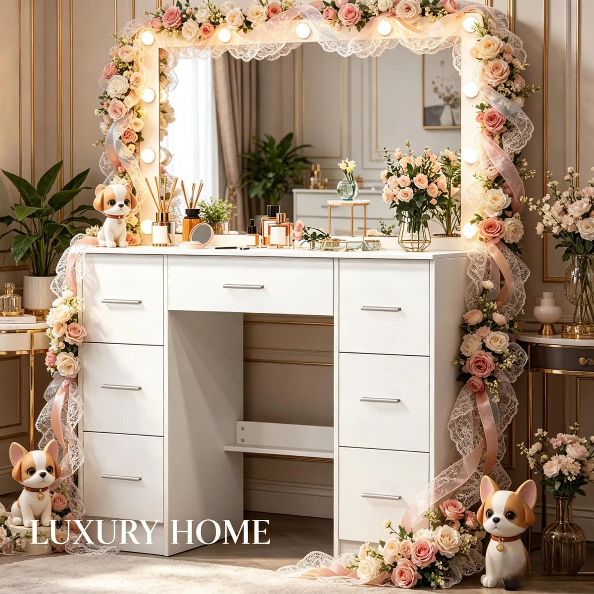Vanity Dressing Table Set, 3 Color Dimmable 11 LED Lights Mirror, Storage Drawer Bedroom Furniture
