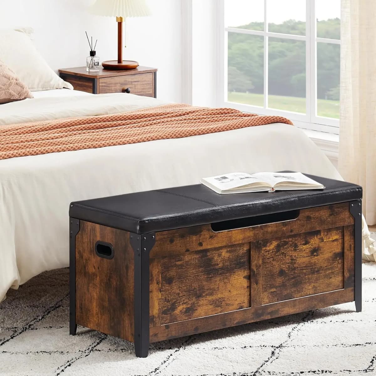 Wooden Storage Chest with Hinges Metal Frame Toy Chest Organizer Entryway Shoe Bench for Hallway Bedroom Living Room