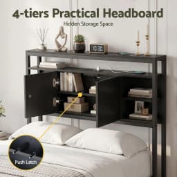 King Single Bed Headboard Storage Charging Station Black