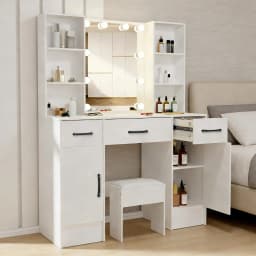 Teousev Makeup Vanity Dressing Table Set with Large 3-Color Dimmable 10 LED Bulbs Mirror 3 Storage Drawers Bedroom Furniture