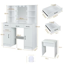 Teousev Makeup Vanity Dressing Table Set with Large 3-Color Dimmable 10 LED Bulbs Mirror 3 Storage Drawers Bedroom Furniture