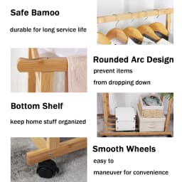Rolling Clothes Hanging Rack with Double-Rod Wooden Garment Stand with Wheels