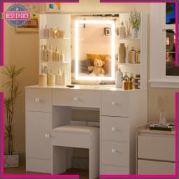 LED Vanity Set With Lighted Mirror Stool Dressing Table Makeup Table W/ Shelves