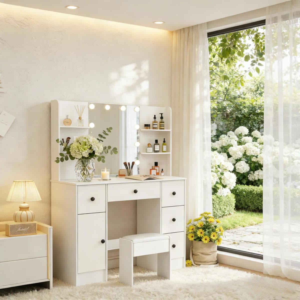White Modern Vanity Set with Led Lighted Mirror, 5 Drawers & Stool, 3 Color Dimmable, Easy Assembly Bedroom Dressers