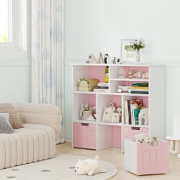 Toy Storage Cabinet with 3 Movable Drawers & 6Cubes, Children's Toy Shelf Kids Bookshelf with Hidden Wheels,Bookcase Toy Storage