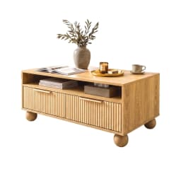 Wooden Fluted Coffee Table 90cm Center Table with Drawers Open Shelf and Spherical Solid Legs