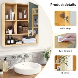Wall Mounted Medicine Cabinet with Mirror, Natural Bamboo Bathroom Storage Cabinet, Adjustable Shelves for Bathroom, Bedroom