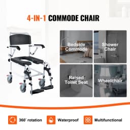 SucceBuy Shower Commode Wheelchair with4Lockable Wheels Footrests Flip-up Arms3-Level Adjustable Height 5L Removable Bucket