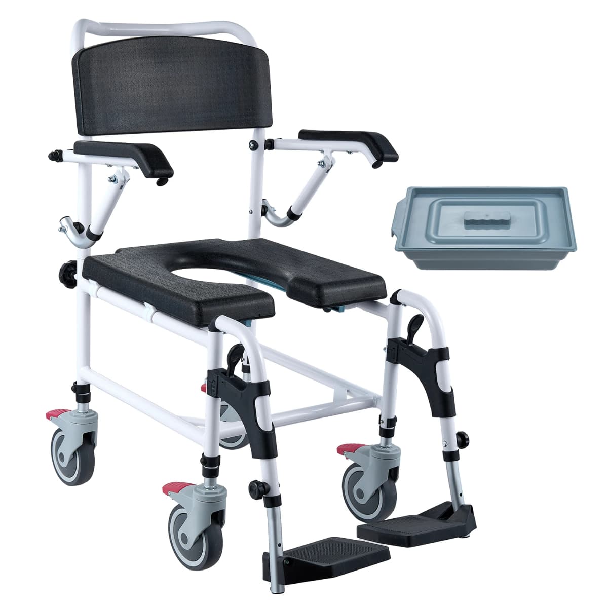 SucceBuy Shower Commode Wheelchair with4Lockable Wheels Footrests Flip-up Arms3-Level Adjustable Height 5L Removable Bucket