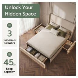 Double Upholstered Bed Frame with 3 Storage Drawers Wingback Headboard Heavy Duty Metal Platform Base