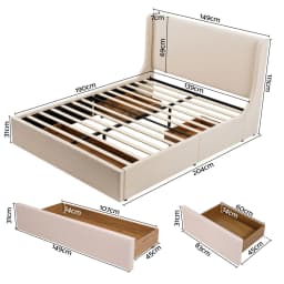 Double Upholstered Bed Frame with 3 Storage Drawers Wingback Headboard Heavy Duty Metal Platform Base