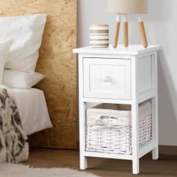 Rustic White Bedside Table 1 Drawer with Basket Wooden Nightstand Storage Cabinet for Bedroom Living Room End Table