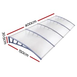Window Door Awning Canopy 1.5m x 4m Transparent Grey Plastic Frame Outdoor Rain Shelter Porch Cover