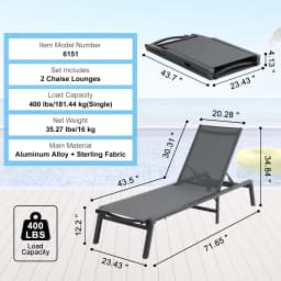 SucceBuy Chaise Lounge Chair Outdoor Aluminum Patio LoungeFolding Pool Lounge Recliner Full Flat to Patio Beach Pool Dark Grey