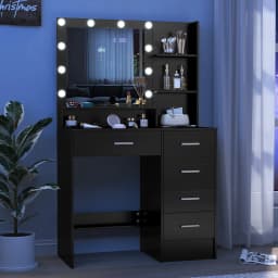 Black Modern Vanity Set, LED Bulbs Lighted Mirror, 5 Drawers 3 Color Dimmable Bedroom Easy Assembly