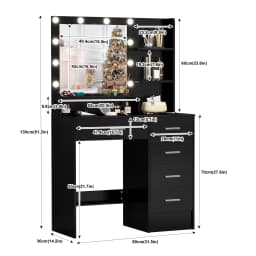 Black Modern Vanity Set, LED Bulbs Lighted Mirror, 5 Drawers 3 Color Dimmable Bedroom Easy Assembly
