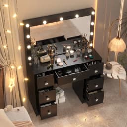 Teousev White Vanity Desk Set with 11 LED Lighted Mirror, 7 Sliding Drawers, 3 Color Dimmable, Easy Assembly for Women Bedroom