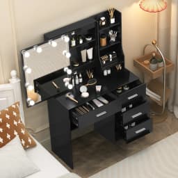 Black Vanity Table With Sliding Mirror &3 Models LED Lights Makeup Dressing Desk