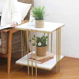 2 Tier Square Sofa Side Table Metal Gold Frame Sintered Stone Table Top Accent End Table Nigthstand for Living Room Bedroom Office