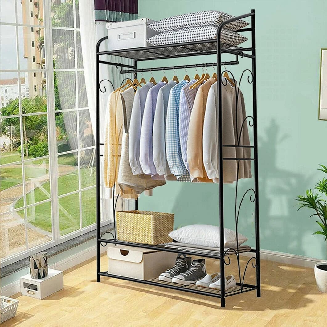 Bingopaw Black Metal Clothes Rack Stand Heavy Duty Garment Rail with 2 Storage Shelves for Shoes & Closet Organization