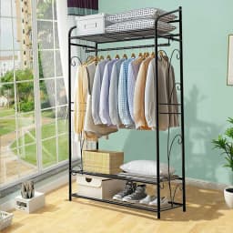 Bingopaw Black Metal Clothes Rack Stand Heavy Duty Garment Rail with 2 Storage Shelves for Shoes & Closet Organization
