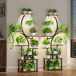 8 Tier Curved shaped Plant Stand with Full Spectrum Grow Lights, Heavy Duty Metal Frame Wood Plant Shelves for Multiple Potted Plants, Indoor Tall Corner Flower Display Rack for Living Room, Balcony, Office